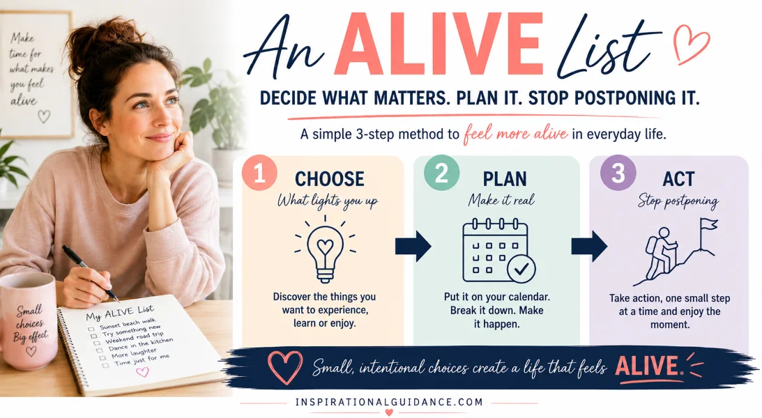 An ALIVE List: a simple 3-step method to feel more alive in everyday life. Choose, Plan, Act.